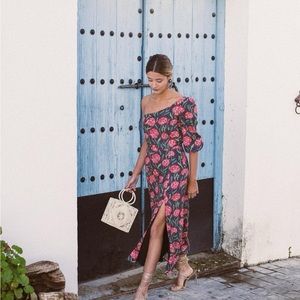 Lady Pipa One Shoulder Red and Black Floral Midi Dress